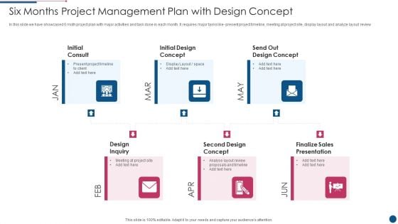 Six Months Project Management Plan With Design Concept Brochure PDF