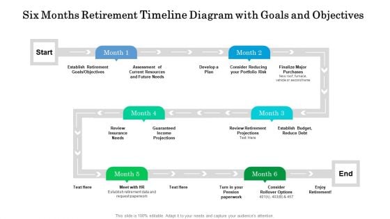 Six Months Retirement Timeline Diagram With Goals And Objectives Background