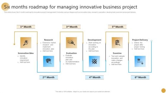 Six Months Roadmap For Managing Innovative Business Project Ppt Ideas Styles PDF