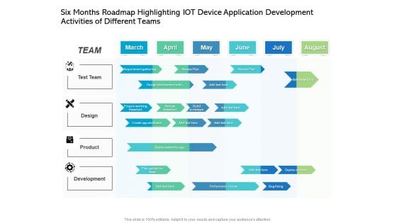 Six Months Roadmap Highlighting IOT Device Application Development Activities Of Different Teams Designs Six Months Roadmap Highlighting IOT Device Application Development Activities Of Different Teams Designs