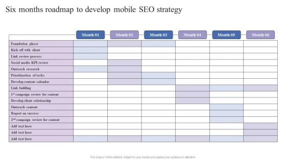 Six Months Roadmap To Develop Mobile Seo Strategy Mobile Search Engine Optimization Guide Background PDF