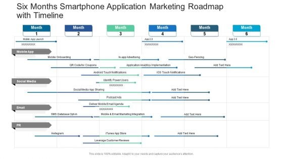 Six Months Smartphone Application Marketing Roadmap With Timeline Elements