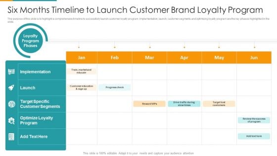 Six Months Timeline To Launch Customer Brand Loyalty Program Ppt PowerPoint Presentation File Display PDF