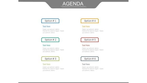 Six Options For Business Agenda Powerpoint Slides