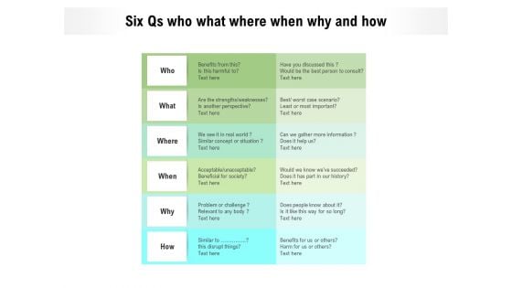 Six Qs Who What Where When Why And How Ppt PowerPoint Presentation Outline Shapes PDF