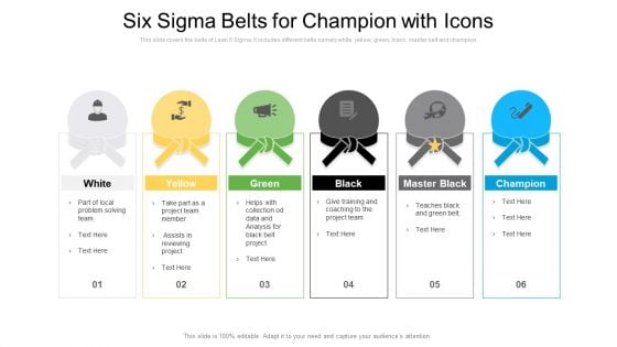 Six Sigma Belts For Champion With Icons Ppt File Outfit PDF