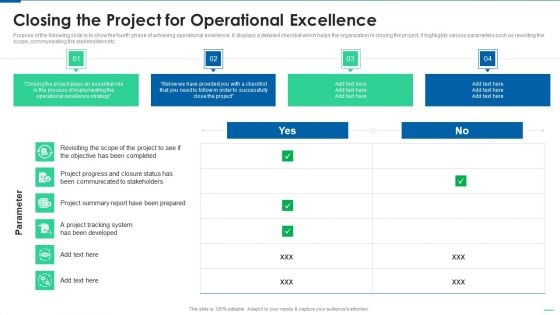 Six Sigma Continuous Process Closing The Project For Operational Excellence Topics PDF