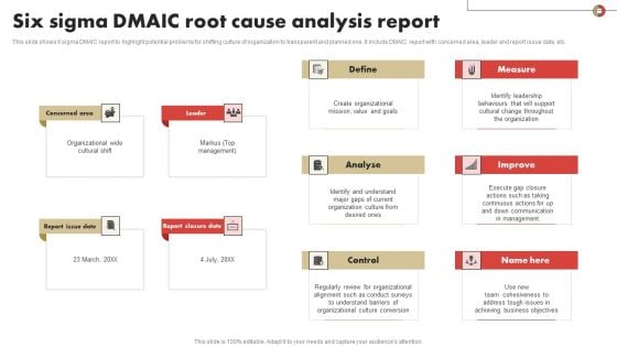 Six Sigma DMAIC Root Cause Analysis Report Icons PDF