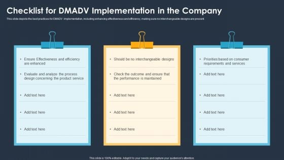 Six Sigma Methodologies For Process Optimization Checklist For Dmadv Implementation In The Company Introduction PDF Six Sigma Methodologies For Process Optimization Checklist For Dmadv Implementation In The Company Introduction PDF