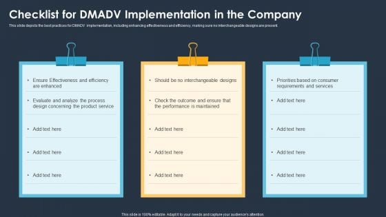 Six Sigma Methodologies For Process Optimization Checklist For Dmadv Implementation In The Company Introduction PDF