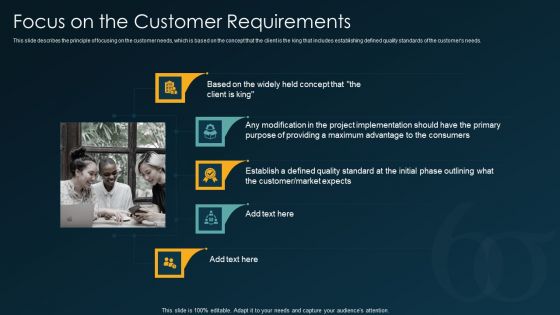 Six Sigma Methodology IT Focus On The Customer Requirements Ppt Infographic Template Designs Download PDF