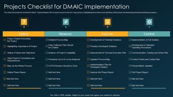 Six Sigma Methodology IT Projects Checklist For DMAIC Implementation Ppt Infographics Brochure PDF