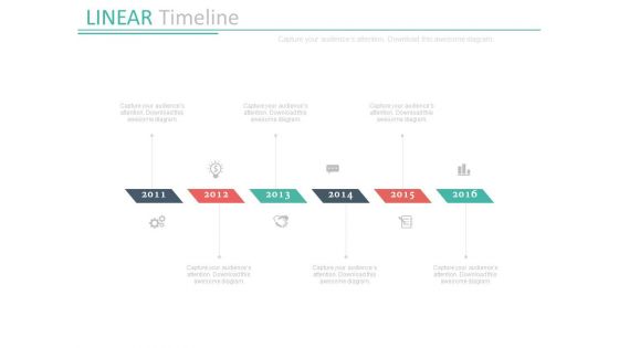 Six Staged Linear Timeline For Year Based Growth Powerpoint Slides