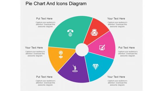 Six Staged Pie Chart And Icons Diagram Powerpoint Template