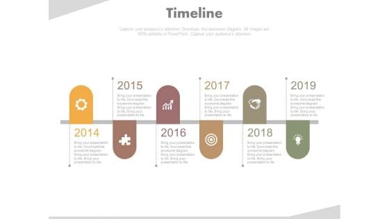 Six Staged Year Based Timeline For Business Target Powerpoint Slides