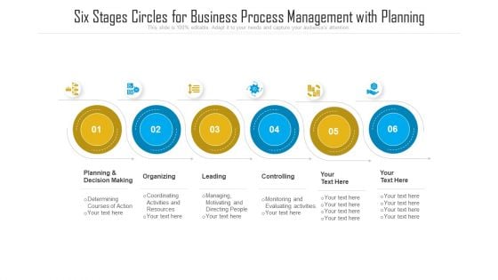Six Stages Circles For Business Process Management With Planning Ppt PowerPoint Presentation Gallery Guidelines PDF