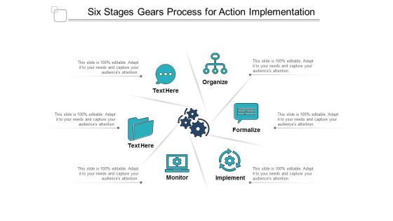 Six Stages Gears Process For Action Implementation Ppt Powerpoint Presentation Show Introduction