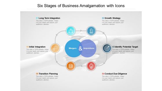 Six Stages Of Business Amalgamation With Icons Ppt PowerPoint Presentation Ideas Visuals