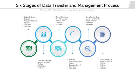 Six Stages Of Data Transfer And Management Process Ppt PowerPoint Presentation Ideas Visual Aids PDF