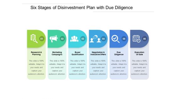 Six Stages Of Disinvestment Plan With Due Diligence Ppt PowerPoint Presentation Gallery Template PDF