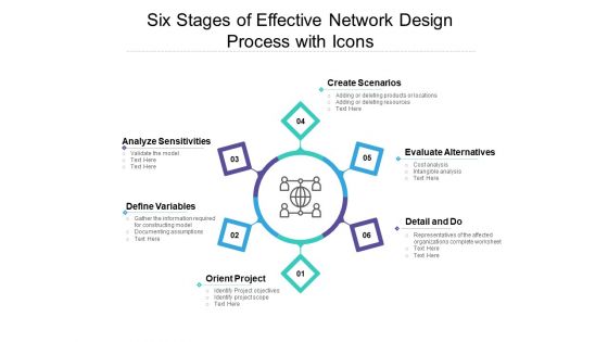 Six Stages Of Effective Network Design Process With Icons Ppt PowerPoint Presentation Professional Brochure PDF