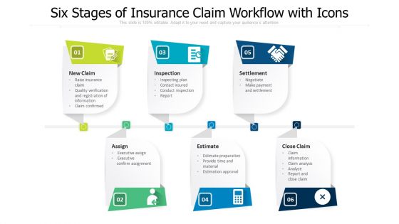 Six Stages Of Insurance Claim Workflow With Icons Ppt PowerPoint Presentation Gallery Deck PDF