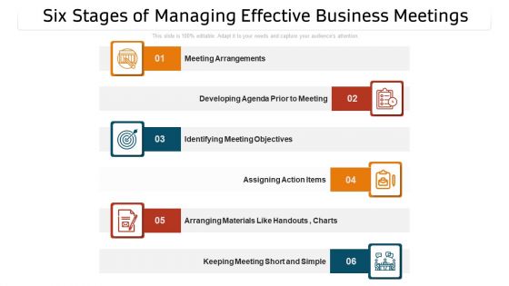 Six Stages Of Managing Effective Business Meetings Ppt PowerPoint Presentation Gallery Templates PDF