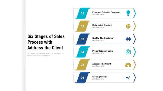 Six Stages Of Sales Process With Address The Client Ppt PowerPoint Presentation File Model PDF