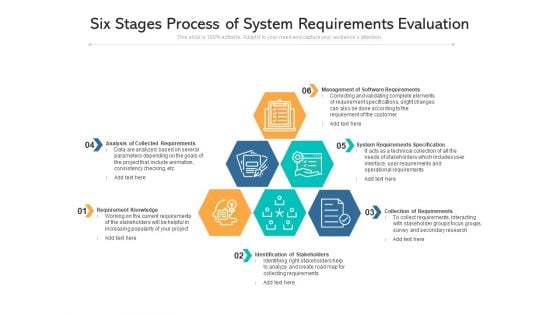 Six Stages Process Of System Requirements Evaluation Ppt PowerPoint Presentation Summary Graphics Template PDF