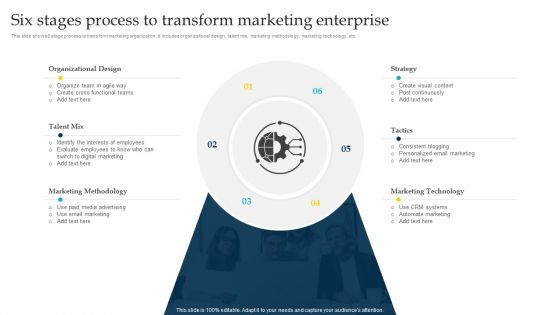 Six Stages Process To Transform Marketing Enterprise Ppt Infographics Background Designs PDF