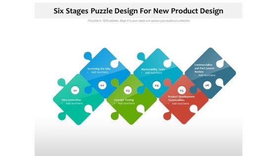 Six Stages Puzzle Design For New Product Design Ppt PowerPoint Presentation Layouts Example File PDF