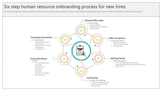 Six Step Human Resource Onboarding Process For New Hires Template PDF