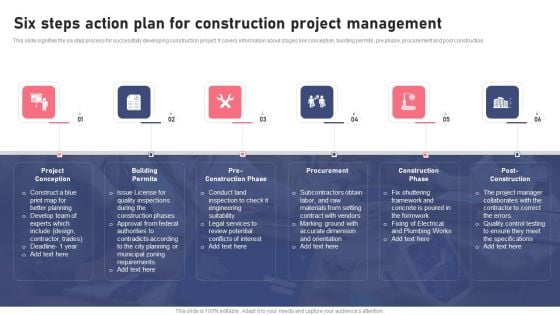 Six Steps Action Plan For Construction Project Management Ppt Gallery Graphics PDF