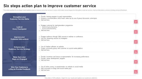 Six Steps Action Plan To Improve Customer Service Ppt Pictures Ideas PDF