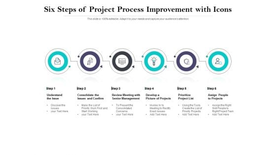 Six Steps Of Project Process Improvement With Icons Ppt PowerPoint Presentation Outline Diagrams