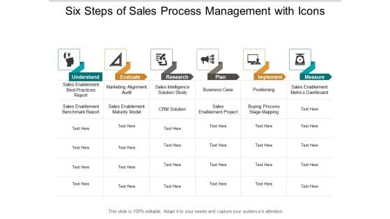 Six Steps Of Sales Process Management With Icons Ppt Powerpoint Presentation Model Smartart