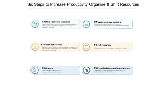 Six Steps To Increase Productivity Organise And Shift Resources Ppt PowerPoint Presentation Infographics Mockup
