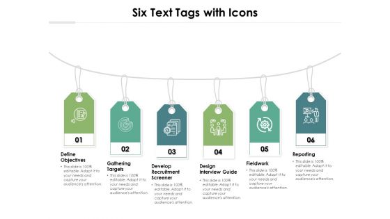 Six Text Tags With Icons Ppt PowerPoint Presentation Icon Deck PDF