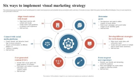 Six Ways To Implement Visual Marketing Strategy Ppt PowerPoint Presentation Outline Slides PDF