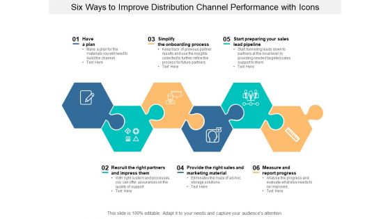 Six Ways To Improve Distribution Channel Performance With Icons Ppt PowerPoint Presentation Summary Example Topics