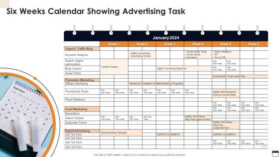 Six Weeks Calendar Showing Advertising Task Template PDF