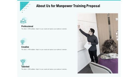 Skill Development Employee Training About Us For Manpower Training Proposal Diagrams PDF