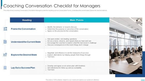 Skill Development Training To Strengthen Employee Performance Coaching Conversation Checklist For Managers Download PDF