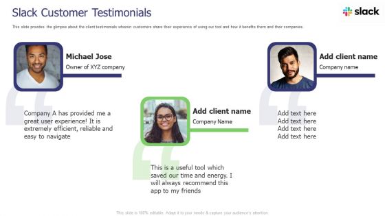 Slack Investor Pitch Deck Slack Customer Testimonials Ppt Styles Ideas PDF