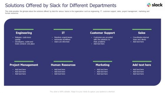 Slack Investor Pitch Deck Solutions Offered By Slack For Different Departments Ppt Show Inspiration PDF