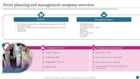 Smart Phone Launch Event Management Tasks Event Planning And Management Company Overview Diagrams PDF