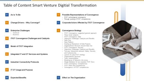 Smart Venture Digitial Transformation Table Of Contents Ppt Model Master Slide PDF