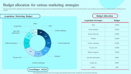 Smartphone Application User Acquisition Techniques Budget Allocation For Various Marketing Strategies Brochure PDF