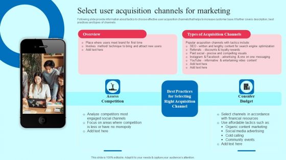 Smartphone Application User Acquisition Techniques Select User Acquisition Channels For Marketing Clipart PDF