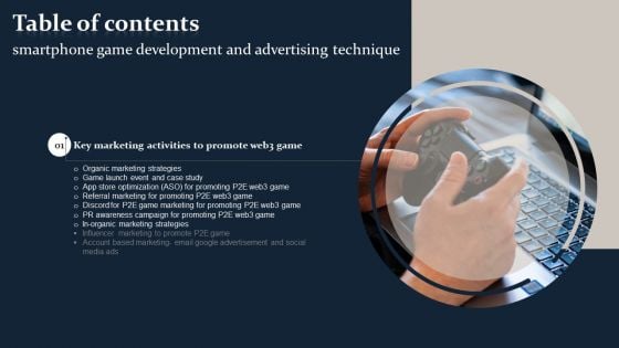 Smartphone Game Development And Advertising Technique Table Of Content Designs PDF